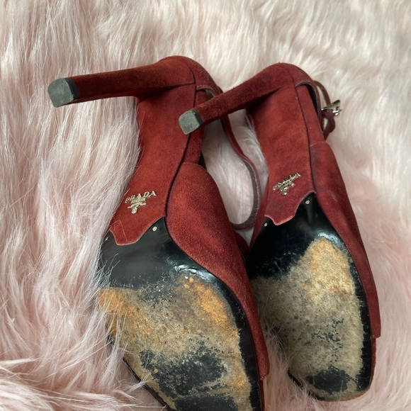 Prada Calzature Donna Amaranto Suede Sandals Open Toe Heels Size 8 - Picture 7 of 9